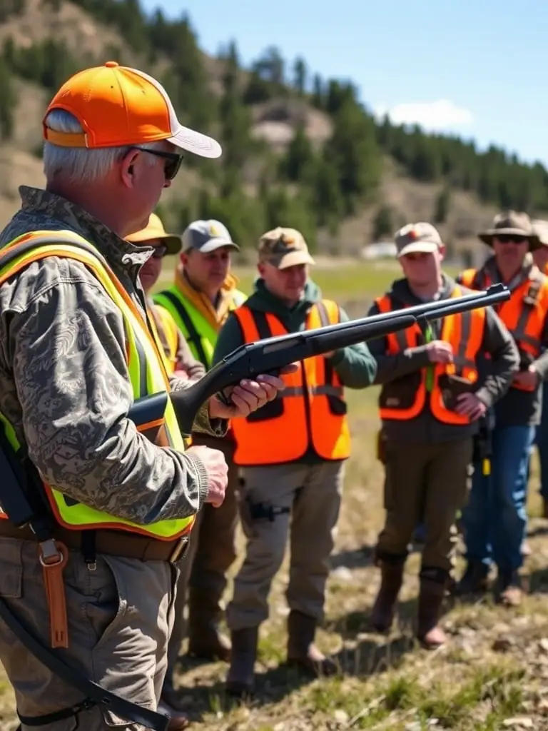 A photograph depicting a training session organized by LA ST HUBERT LION SUR MER on safe hunting practices, with participants learning about firearm safety and ethical hunting techniques.