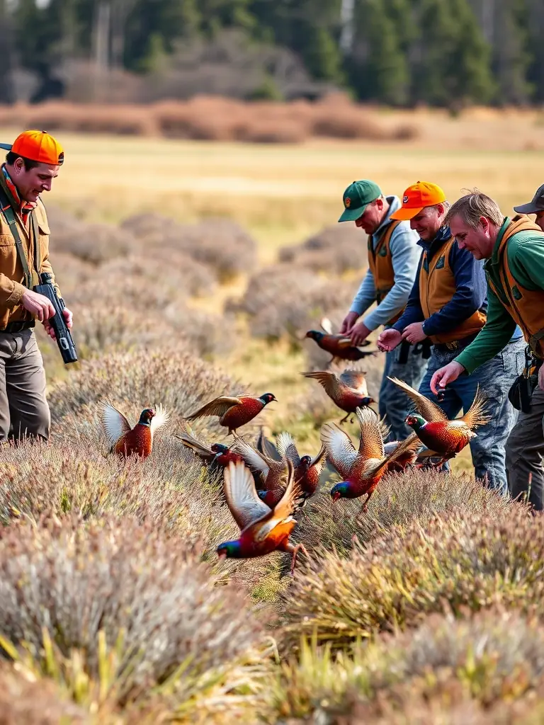 A photograph showing members of LA ST HUBERT LION SUR MER releasing pheasants into a managed hunting area, emphasizing the organization's commitment to game repopulation.