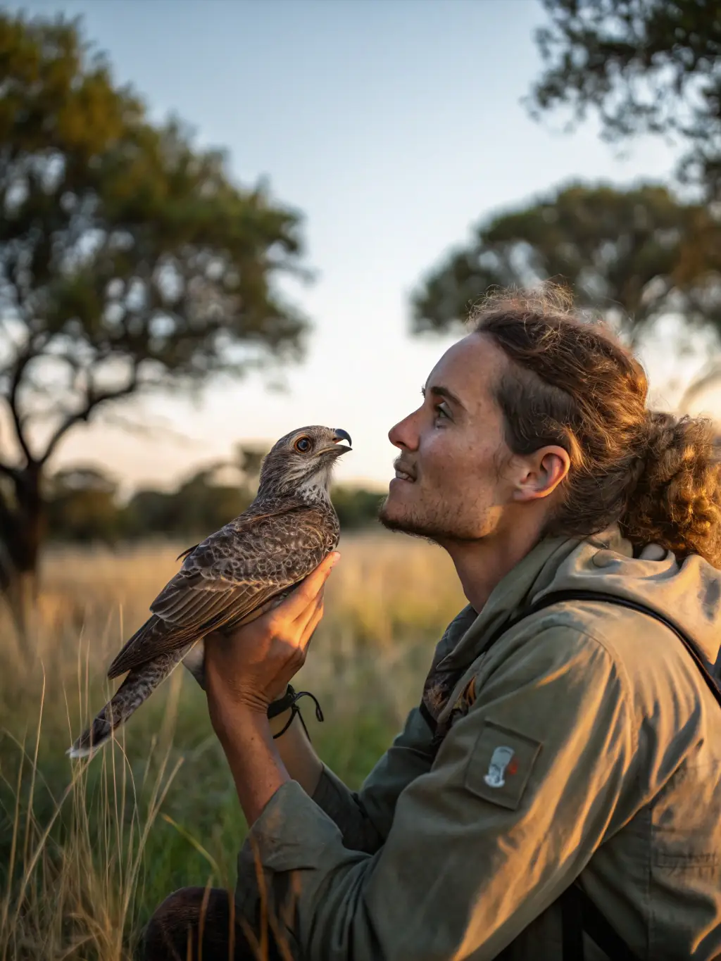 A photo of a wildlife conservationist releasing a rehabilitated bird back into its natural habitat, showcasing wildlife rehabilitation efforts.