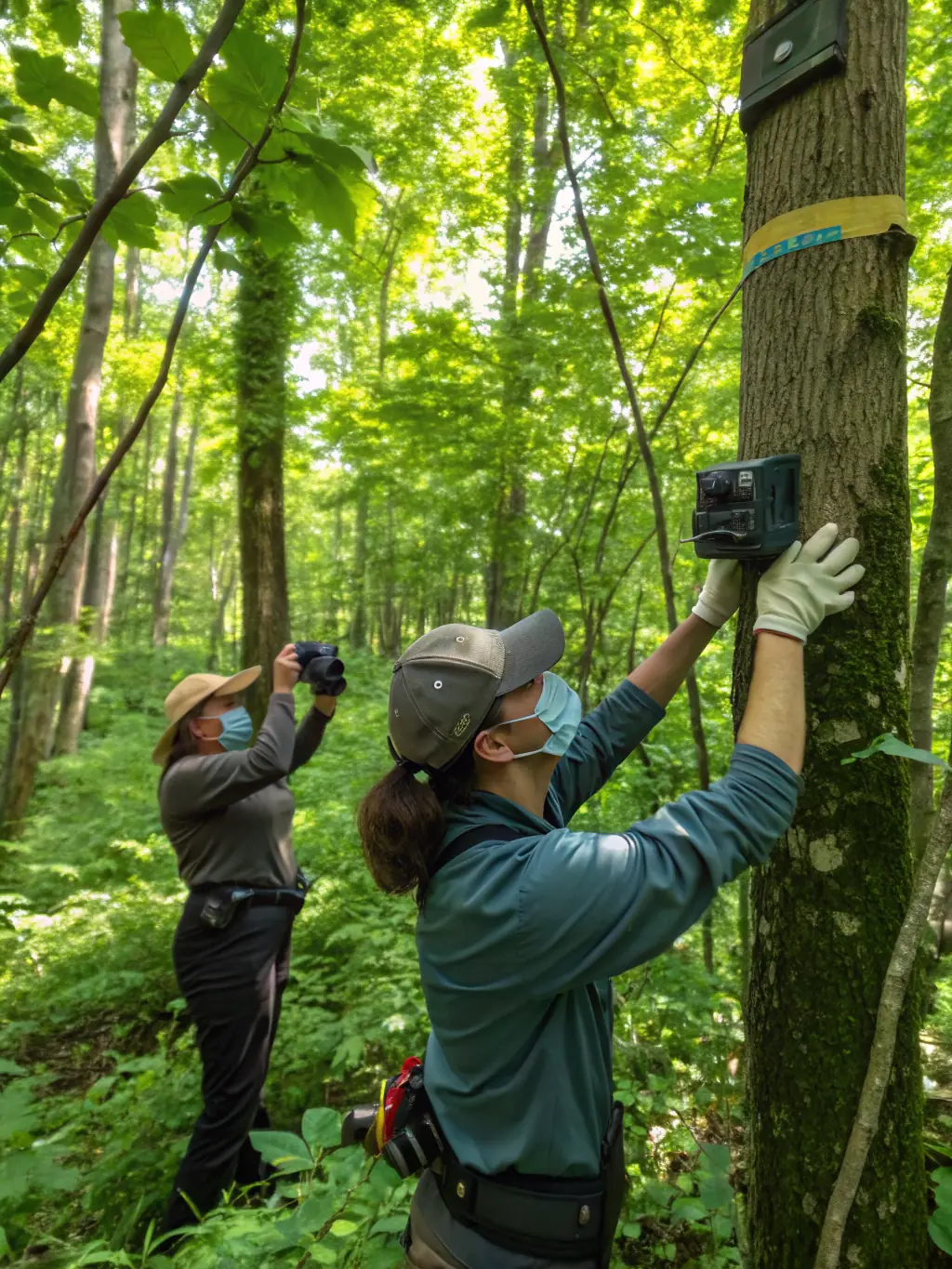 A photograph capturing a group of members of LA ST HUBERT LION SUR MER participating in a wildlife census activity in a local forest, focusing on counting deer and other game animals.