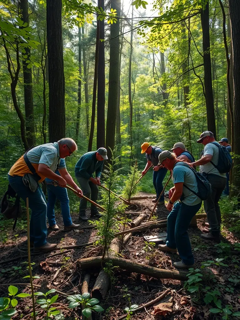A photograph showcasing members of LA ST HUBERT LION SUR MER cleaning up a forest area, removing litter and debris to maintain a healthy and pristine environment.