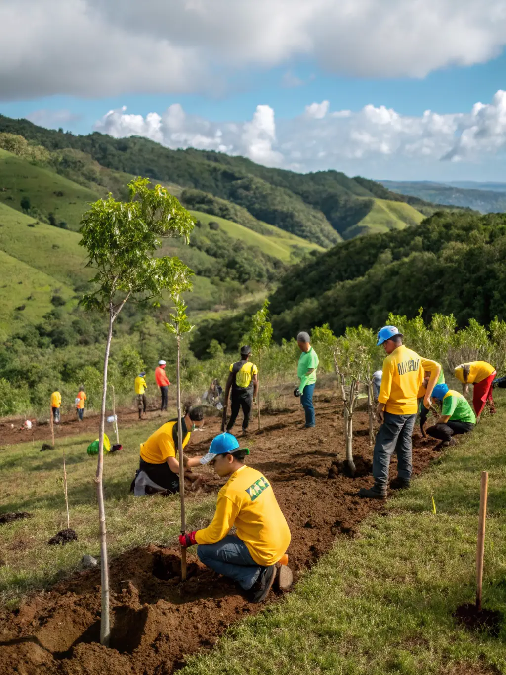 A group of volunteers planting trees in a deforested area, symbolizing reforestation efforts by LA ST HUBERT LION SUR MER.
